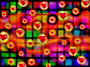 imagen multicolor con corazones en círculos amarillos
